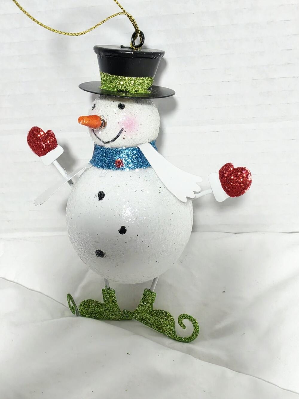 Vtg Christmas Ornament Metal White Glittery Snowman Green Ice Skates Black Hat 6